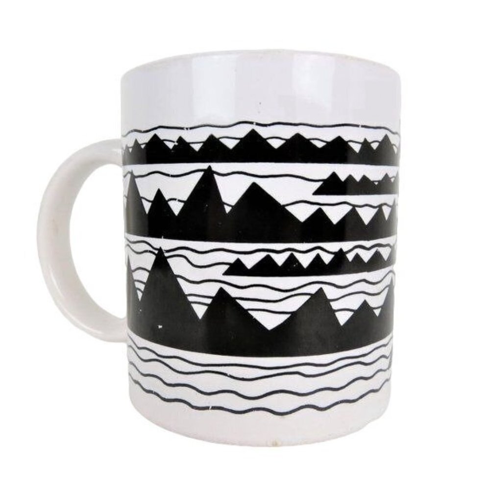 Vintage 80s Black White Monochromatic Mountains Ceramic Coffee Mug